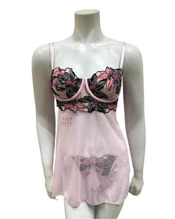 Oh La La Cheri 72-11799 Pink Tulle Multi Embroidery Underwire Chemise & Panty myselflingerie.com